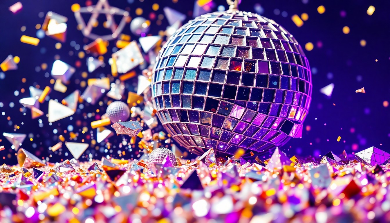 An extreme close-up photograph of shattered, glittering disco ball fragments in shimmering silver, gold, and deep purple, capturing the dazzling energy and glamour of a major music festival performance.