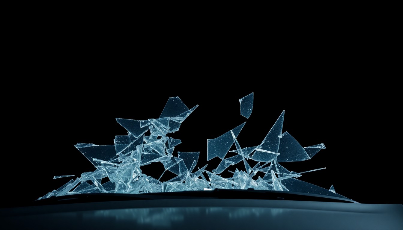An extreme close-up photograph of a shattered car windshield, the jagged glass fragments conceptually representing the violence and devastation of a fatal rollover crash.