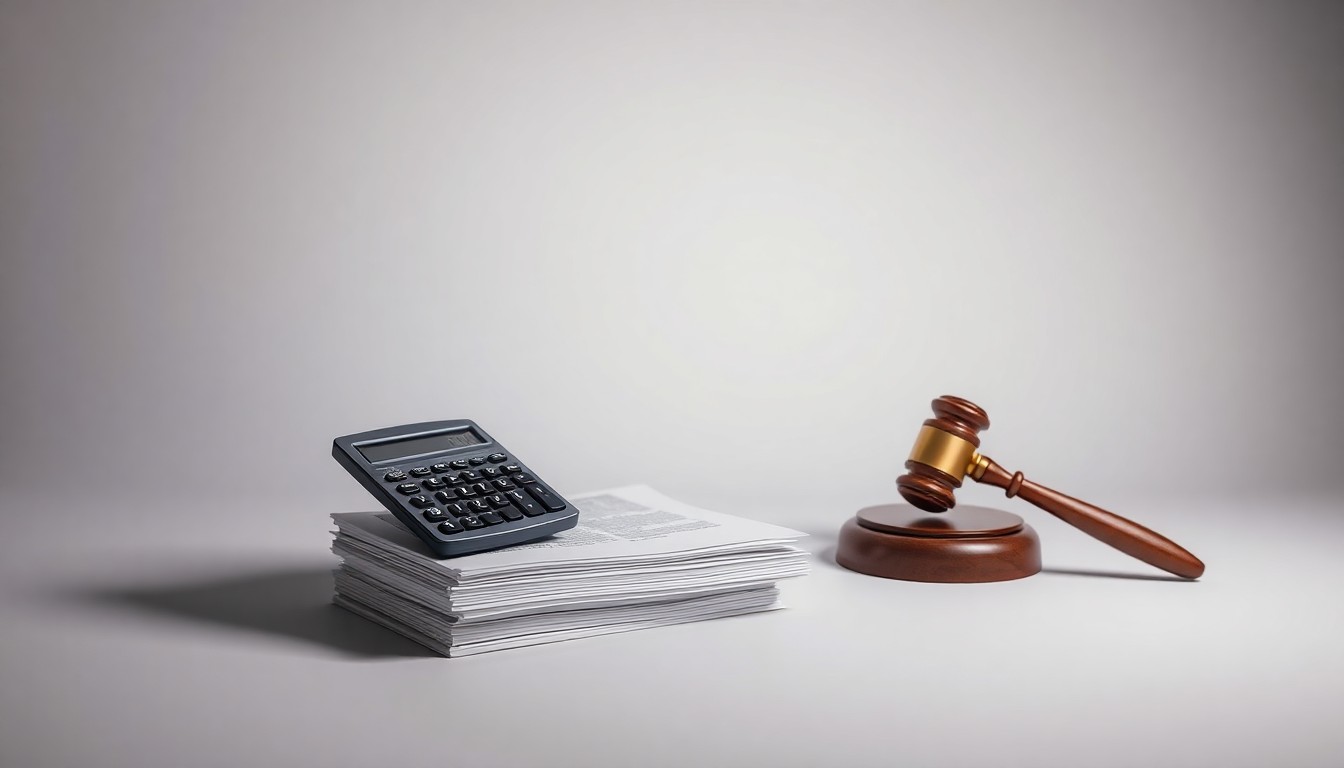 A high-end, photorealistic studio still-life photograph featuring a stack of financial documents, a calculator, and a gavel floating elegantly on a clean, monochromatic background, symbolizing the abstract concepts of corporate strategy, finance, and legal proceedings.