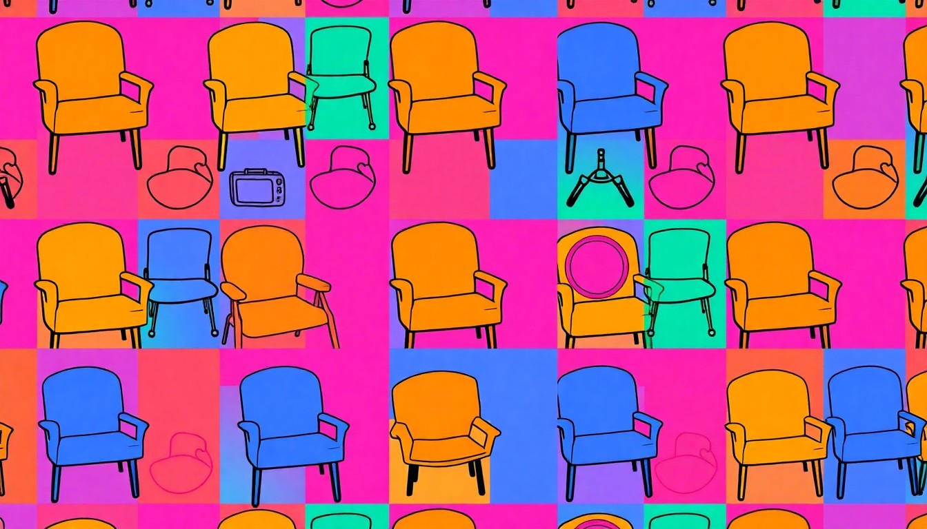 A brightly colored, high-contrast silkscreen print of a single, iconic addiction recovery object such as a counseling chair or sobriety chip, repeated in a tight grid pattern against a neon color background with heavy black photographic outlines, conceptually representing the recovery resources damaged in the fire.