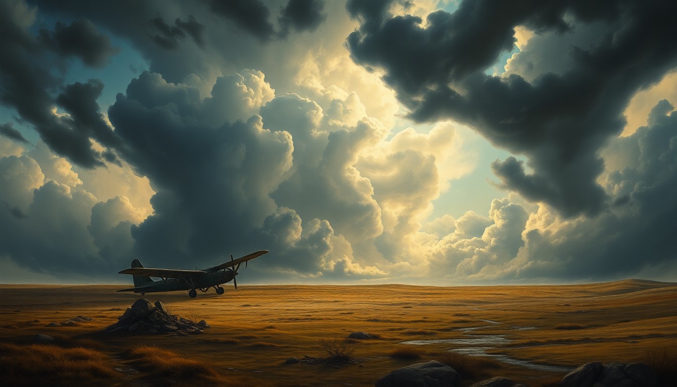 A sweeping, atmospheric landscape painting in muted tones of grey, blue, and amber, with a small, obscured plane wreckage in the foreground dwarfed by a dramatic, turbulent sky filled with heavy storm clouds and dramatic lighting, conveying the fragility of human technology in the face of natural forces.