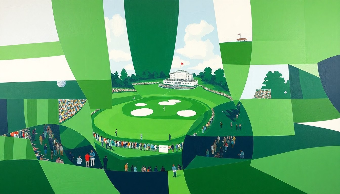 A fragmented, cubist-style painting depicting an abstract golf scene with sharp, overlapping geometric shapes in shades of green, white, and navy blue, conveying the storied legacy of Texas golfers at the Masters.