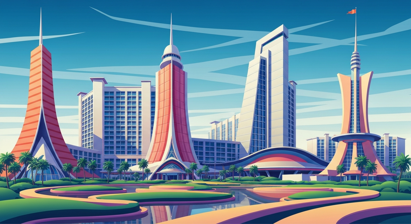 A highly stylized, geometric illustration depicting the towering, sweeping architecture of Disney's Art of Animation Resort, with bold gradients and streamlined forms capturing the grand scale and visual impact of the resort's thematic design.