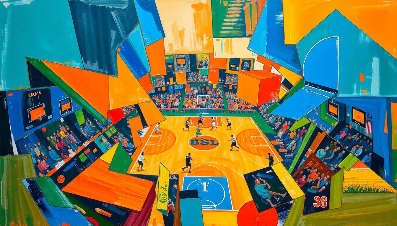 A cubist, geometric painting depicting the fragmented movements and energy of a basketball game, with sharp planes of color and overlapping shapes representing the action on the court.