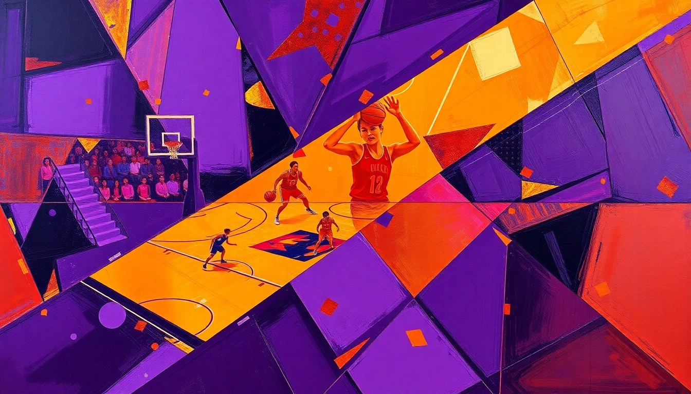 A cubist, geometric painting depicting the fragmented action of a women's basketball game, with sharp planes of color and overlapping shapes representing the dynamic movements of the players on the court.