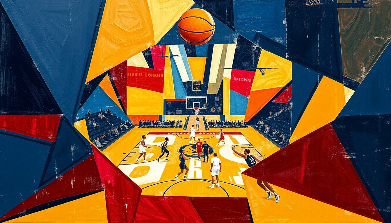 A cubist-style painting featuring overlapping geometric shapes in navy blue, gold, and crimson, capturing the dynamic energy and movement of a women's basketball game.