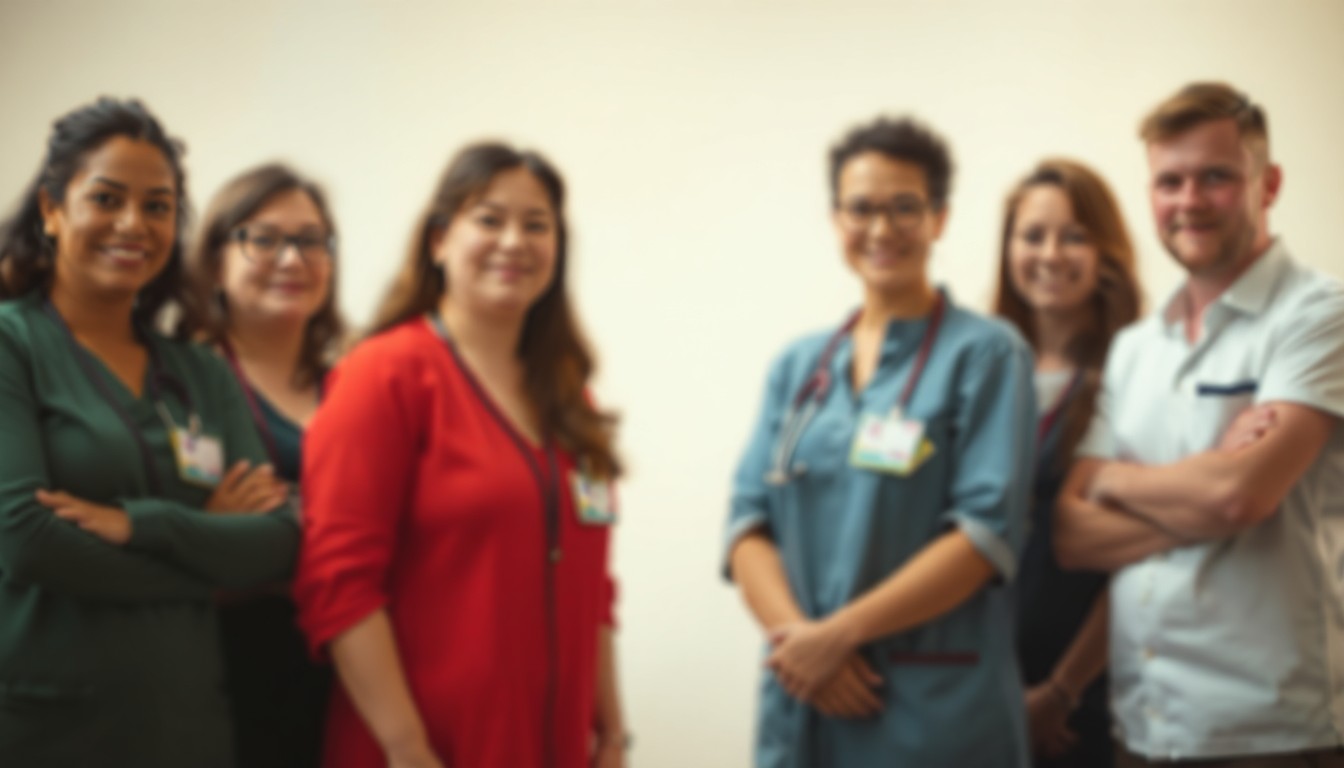 A blurred, atmospheric photograph in soft, warm tones depicting a group of teachers and school staff members gathered together, their faces and forms indistinct but their body language and expressions conveying a sense of community, pride, and dedication.