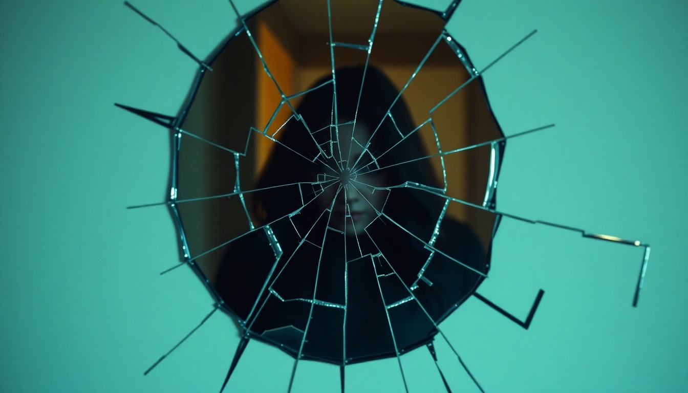 An abstract close-up photograph of a cracked, shattered mirror reflecting a distorted, shadowy figure, conveying a sense of fragility and darkness.