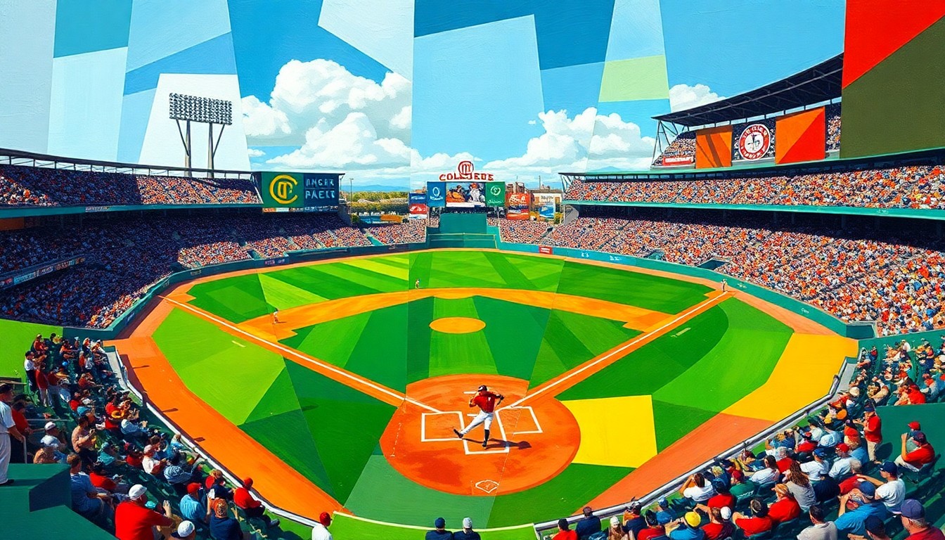 A fractured, geometric painting in bright colors representing the action of a college baseball game, with overlapping planes and shapes conveying the dynamic movement and competition on the field.
