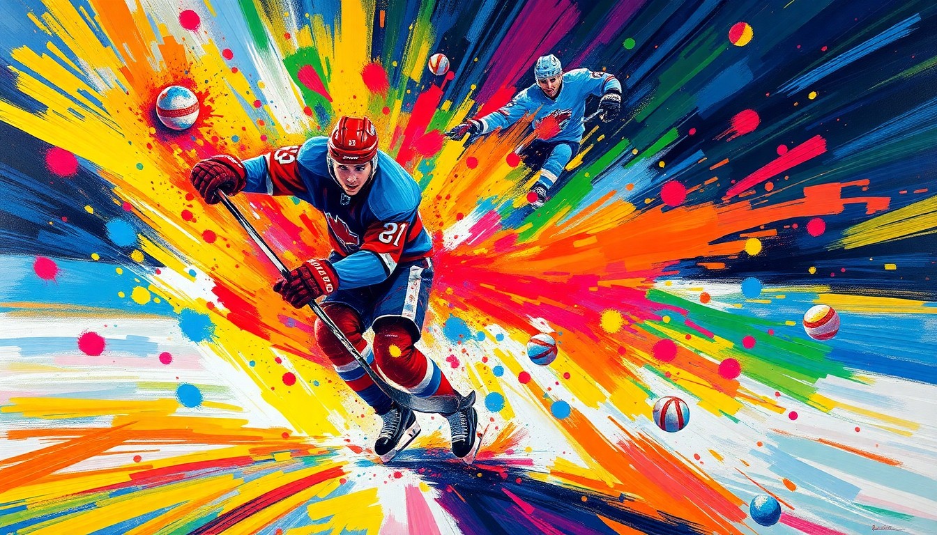 An abstract, energetic painting in neon colors depicting the chaotic motion and energy of a hockey player scoring a hat-trick, with hockey pucks and hats dissolving into vibrant splashes of color.