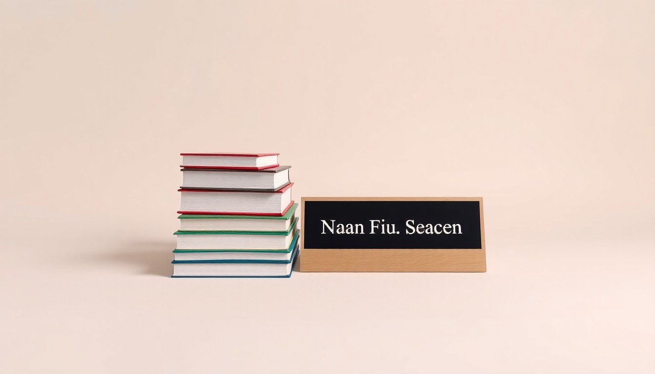A minimalist studio still life photograph featuring a stack of academic books, a laptop, and a name plaque on a clean, white background, conceptually representing the impact of university budget cuts on faculty positions.