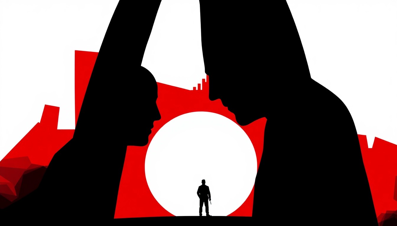 A striking abstract composition of jagged black silhouettes and bold red and white geometric shapes, conceptually representing the intense drama and mystery of the 'DTF St. Louis' finale.