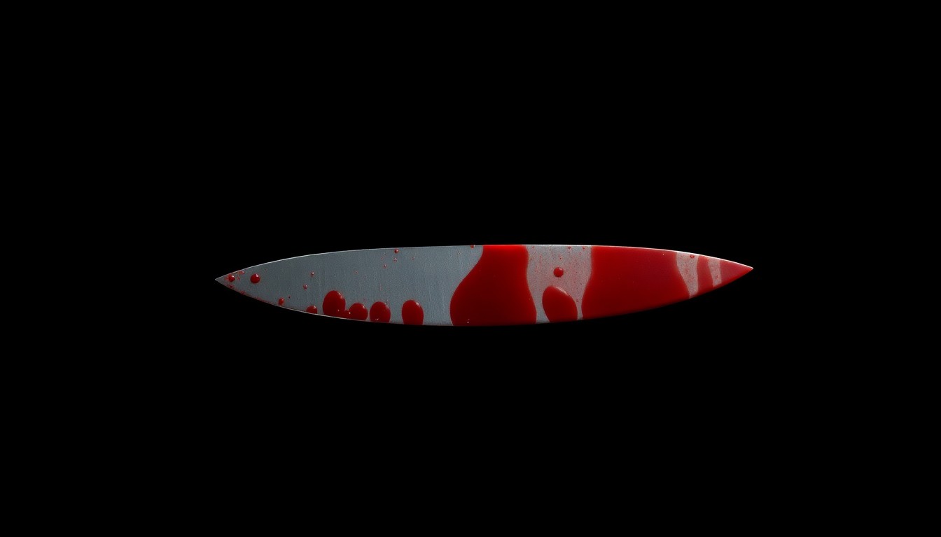 An extreme close-up of a single bloody knife blade reflecting a harsh, direct camera flash, conceptually illustrating the violence of a recent stabbing incident.
