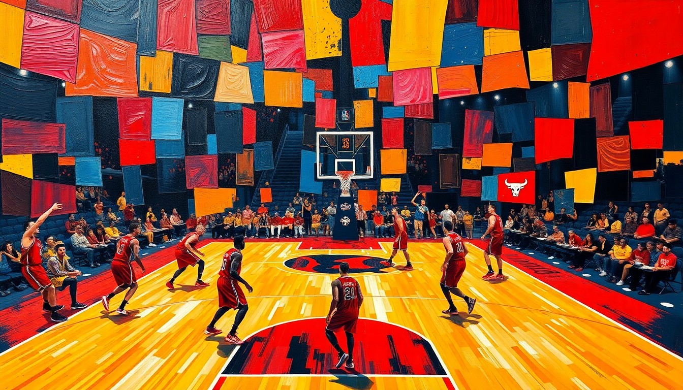 A cubist, geometric painting in red, black, and white, breaking down a basketball court and players into sharp, overlapping planes, conceptually representing the complex decision-making process of the Bulls' executive search.