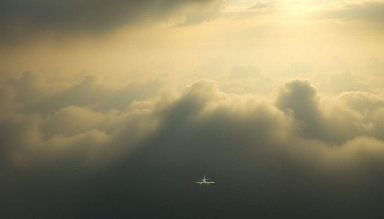 A sweeping, atmospheric landscape painting in muted tones, with a small airplane barely visible through heavy fog or clouds, conveying the overwhelming scale and power of the natural environment.