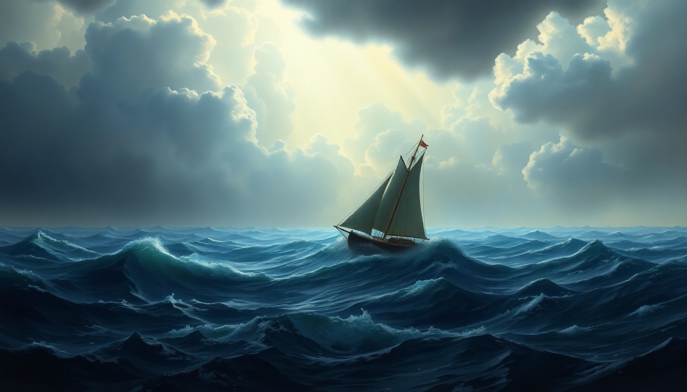 A sweeping, atmospheric landscape painting depicting a stormy, turbulent ocean with a small, capsized sailboat silhouetted against the dramatic clouds and waves, conveying the overwhelming scale and power of the natural environment.