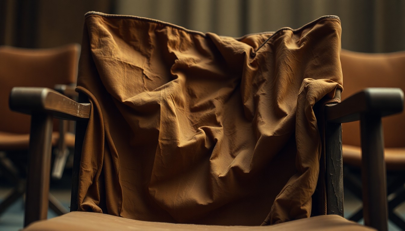An abstract close-up photograph of a worn, weathered movie set chair in muted earth tones, conveying the gritty, unglamorous side of filmmaking.