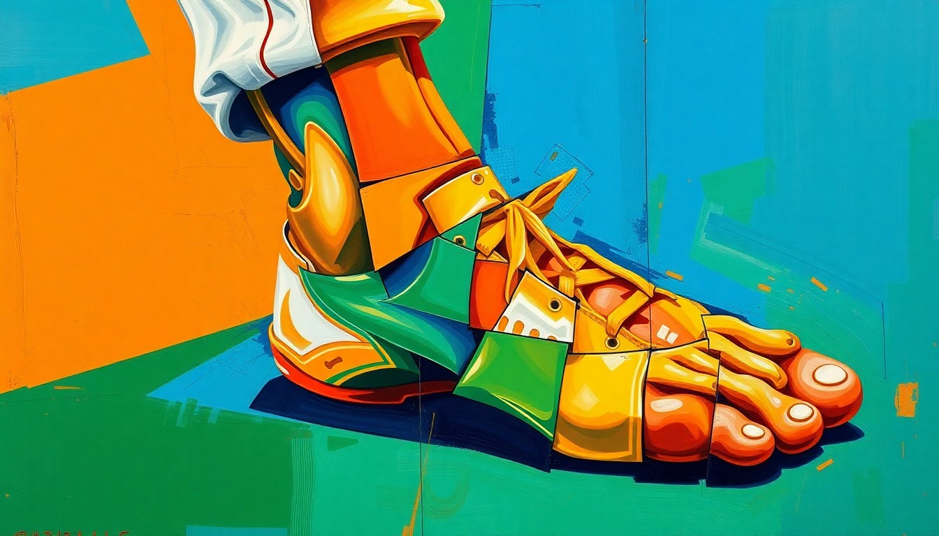 A fractured, geometric painting depicting a baseball player's injured foot, with sharp planes of color representing the broken bones and ligaments.