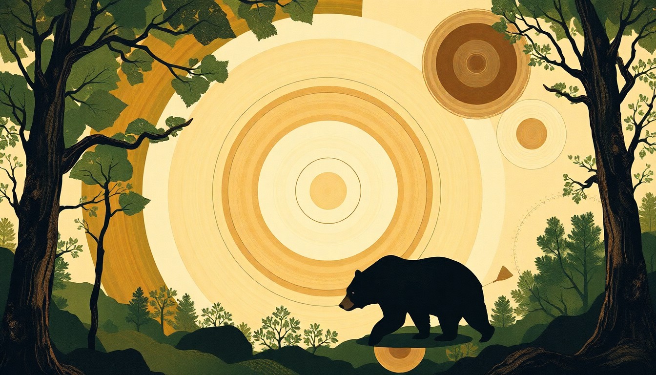 A highly structured abstract painting in muted earth tones, featuring sweeping geometric arcs, concentric circles, and precise botanical spirals, conceptually representing the complex ecosystem and natural processes supporting the growth of Missouri's black bear population.