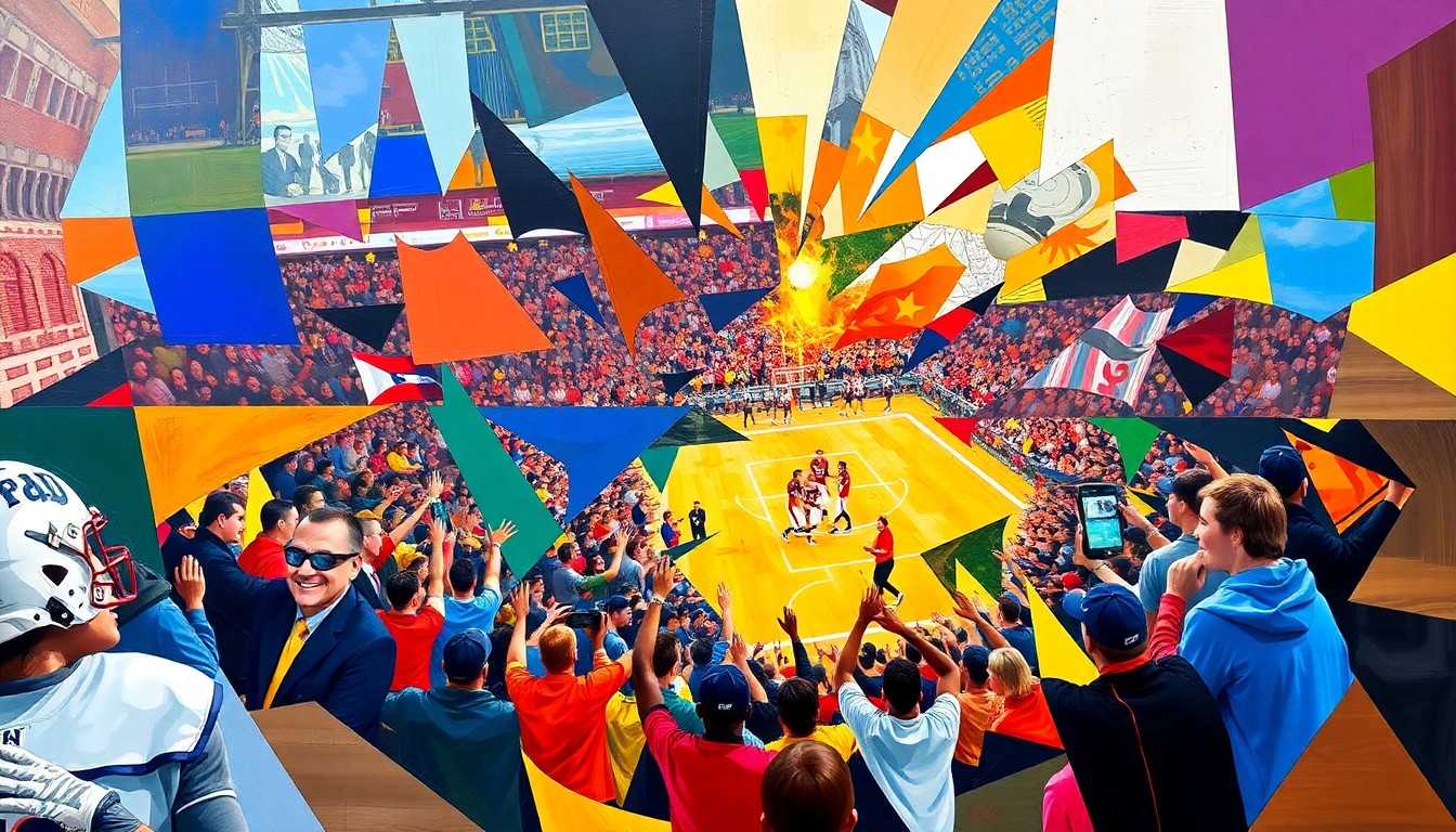 A cubist, geometric painting depicting fragmented, overlapping shapes and planes in vibrant colors, representing the dynamic energy and competitive spirit of college athletics.
