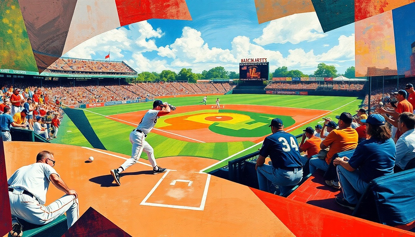 A cubist, geometric painting depicting the dynamic action of a college baseball game, with players' movements and the energy of the competition expressed through bold, angular shapes and vibrant colors.