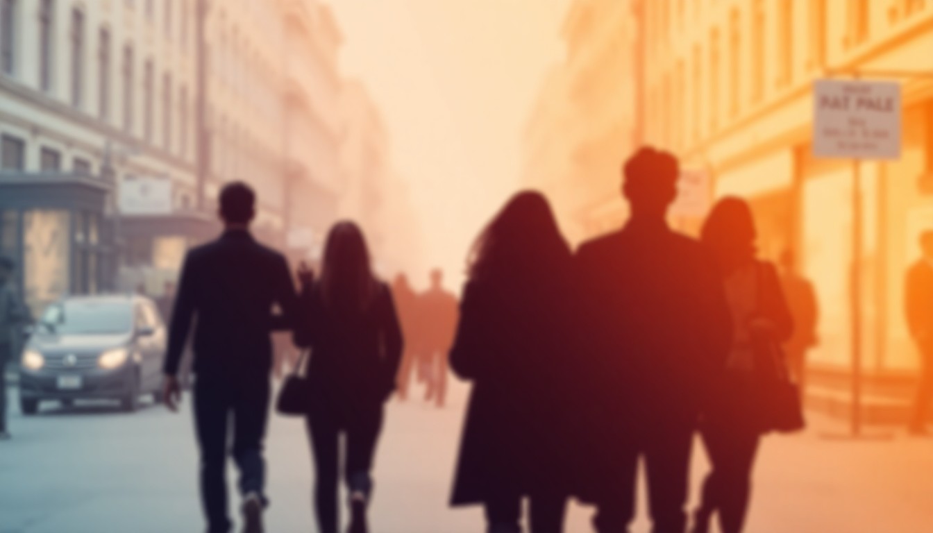 An abstracted, out-of-focus photograph of a group of people walking together on a city street, their forms blurred in a warm, hazy wash of color and light, conveying the emotional tone of a community coming together in solidarity.