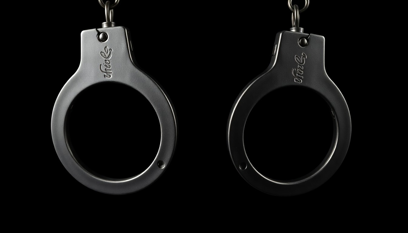 An extreme close-up photograph of a pair of handcuffs against a pitch-black background, lit by a harsh, direct camera flash, conceptually representing the high-stakes investigation into Nancy Guthrie's disappearance.