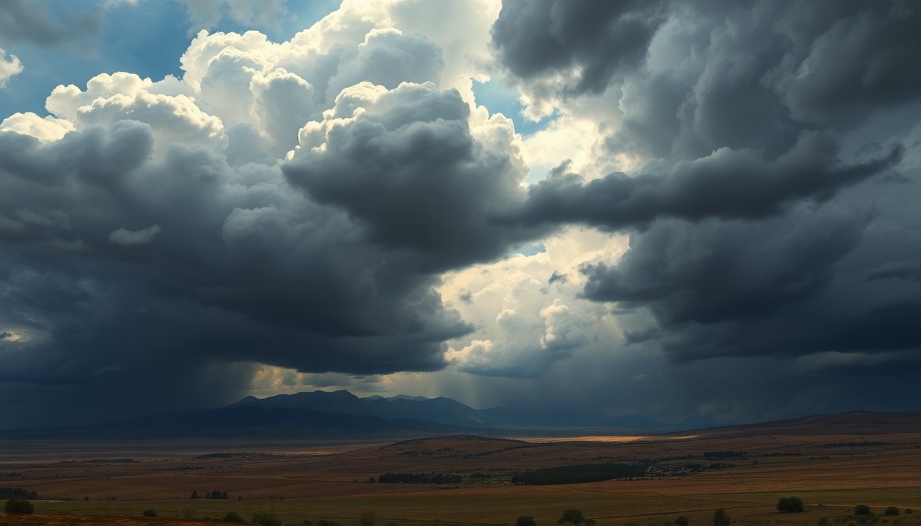 A sweeping, atmospheric landscape painting depicting a rural California scene with dark, dramatic storm clouds dominating the sky and dwarfing any visible structures or landmarks below, conveying the overwhelming power of the approaching weather system.