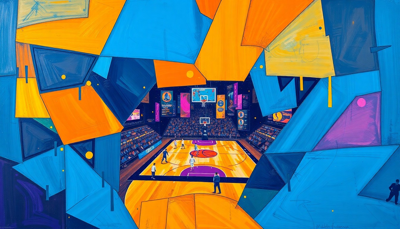 A fractured, cubist-style painting depicting the motion and energy of a basketball game, with sharp geometric shapes in vibrant colors representing the players and action on the court.