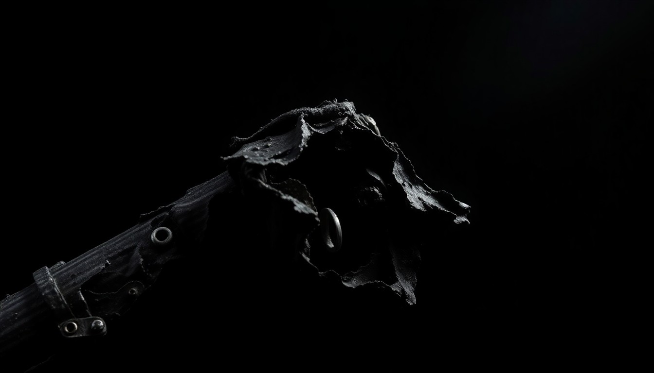 An extreme close-up photograph of a charred, twisted metal car part against a pitch-black background, conceptually illustrating the damage caused by a residential fire.