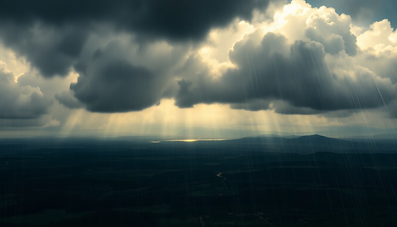A sweeping, dramatic landscape painting in muted tones of gray, blue, and green, with heavy rain and dark clouds obscuring the horizon and dwarfing any visible structures or landmarks, conceptually representing the overwhelming force of the regional weather system.