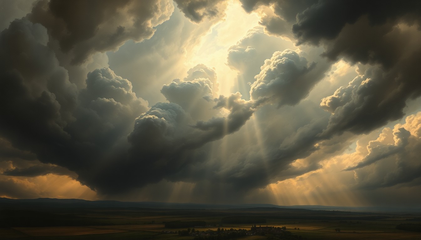 A sweeping, atmospheric landscape painting in muted tones of grey, blue, and gold, with a small town or rural setting partially obscured by the overwhelming presence of a turbulent, stormy sky.