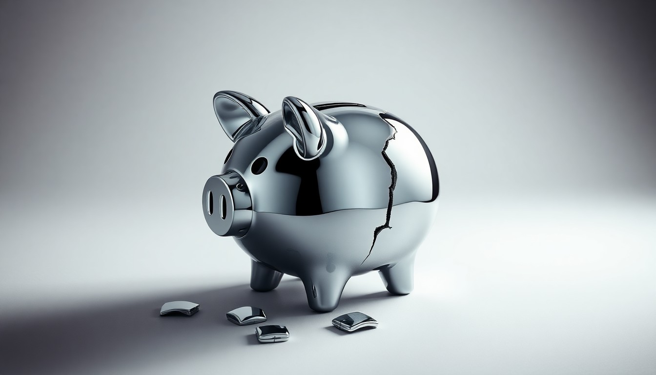 A photorealistic studio still-life image of a shattered chrome piggy bank, symbolizing the financial losses suffered by Driven Brands investors as a result of the company's accounting errors.