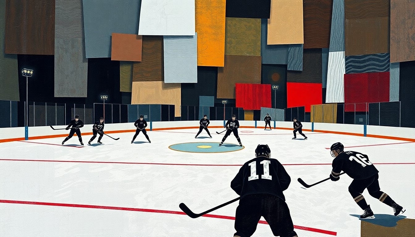 A cubist-style painting depicting the fragmented action of a hockey game, with sharp geometric shapes representing the players, puck, and ice surface, conveying the intensity and competitive spirit of the Mariners' victory.