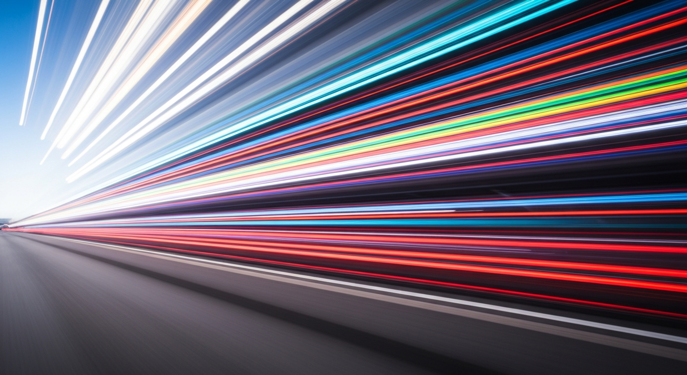 An abstract, colorful illustration depicting a Tesla Cybercab robotaxi in motion, with sweeping, blurred lines and streaks of color representing the vehicle's speed and advanced autonomous technology.