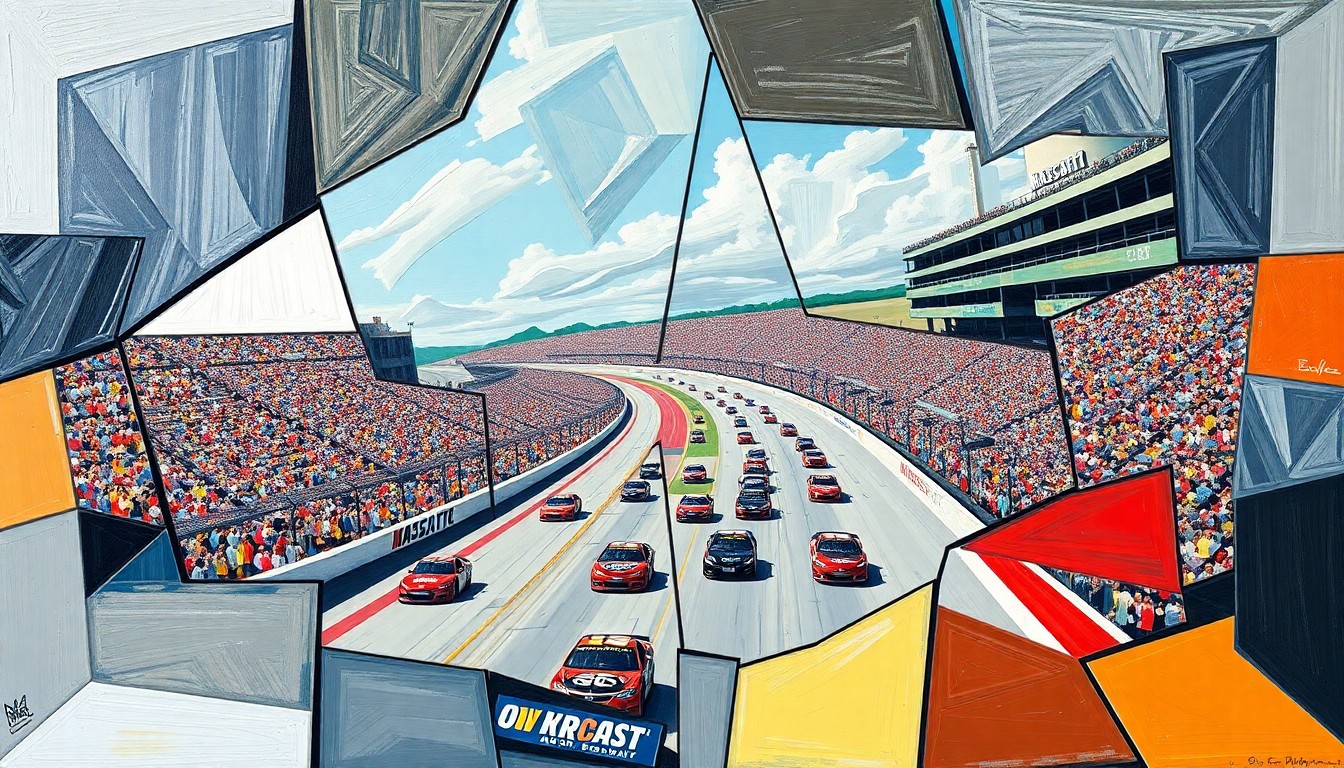 A cubist, geometric painting depicting a NASCAR race at Bristol Motor Speedway, with the cars and track broken down into sharp, overlapping planes of color and shape, capturing the dynamic energy and intensity of the sport.