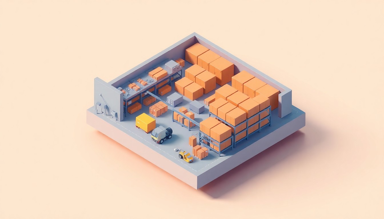 A miniature, stylized 3D illustration of a logistics warehouse with conveyor belts, robotic arms, and data visualization screens, representing the sophisticated technology driving the global logistics industry's expansion.