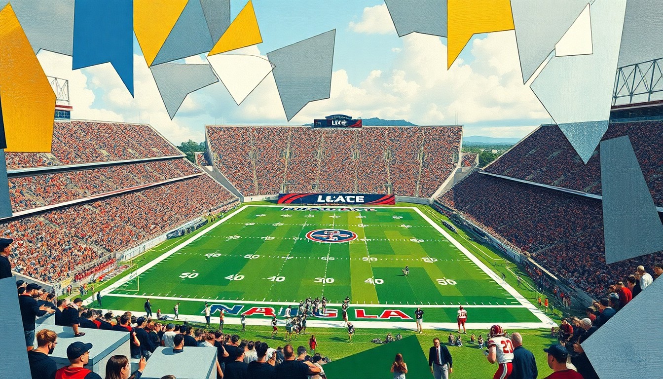 A cubist, geometric painting depicting a college football game, with the players, field, and stadium broken down into sharp, overlapping planes of color and abstract shapes.