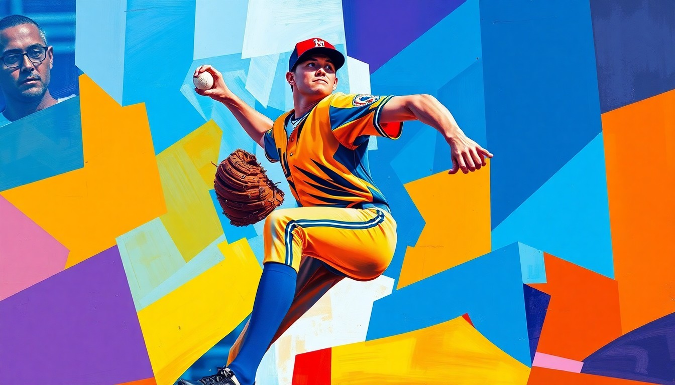 A cubist, geometric painting depicting Roki Sasaki's pitching motion and performance, with overlapping planes of color and form capturing the dynamic energy of the game.