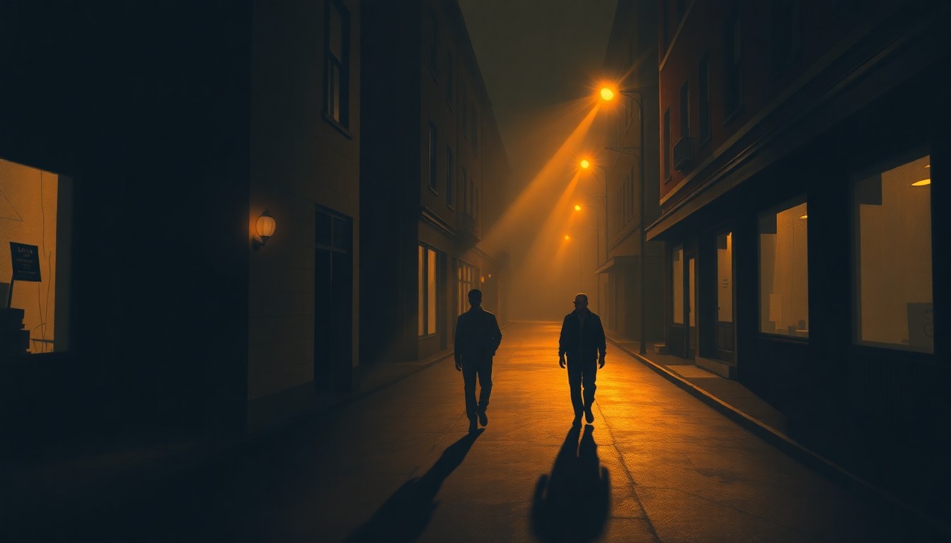 A cinematic painting of a lone figure walking down a dimly lit city street, the scene bathed in warm, diagonal sunlight and deep shadows, conveying a sense of solitude and unease.