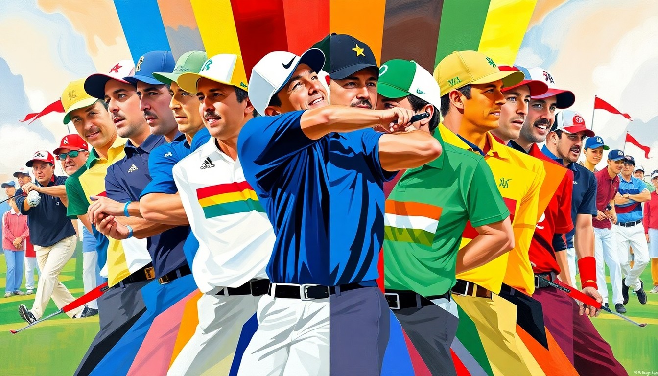 A cubist, geometric painting depicting a Ryder Cup golf match, with the uniforms of the European and American teams breaking down into sharp, overlapping planes of color, symbolizing the tensions and rivalries within the sport.