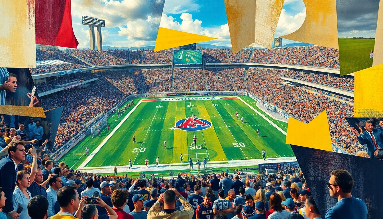 A cubist, geometric painting depicting a fragmented college football game, with players and the field broken down into sharp, overlapping planes of color and shape, reflecting the complex legal and administrative challenges faced by student-athletes seeking eligibility.