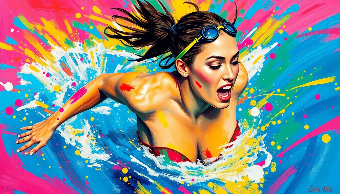 An abstract, expressionist painting in vibrant neon colors depicting the fluid, dynamic movements of a swimmer, with the figure's features obscured by the energetic brushstrokes.