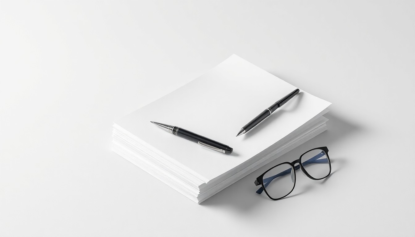 A photorealistic studio still-life image featuring a stack of financial documents, a pen, and a pair of eyeglasses arranged elegantly on a clean, monochromatic background, conceptually representing the abstract concepts of corporate strategy, finance, and wealth management.