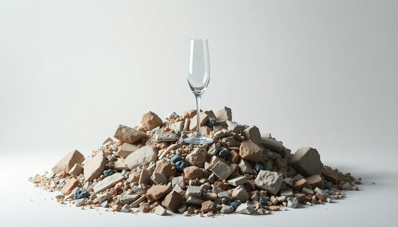 A high-end, photorealistic studio still-life photograph featuring a pile of rubble and debris from a building implosion, with a single, elegant glass champagne flute standing upright in the center, symbolizing the transition from the old to the new.