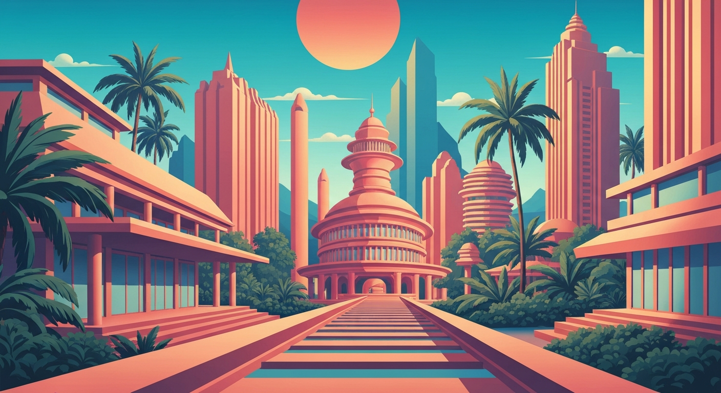 A bold, highly stylized illustration featuring sweeping, smooth gradients in tropical colors and towering, streamlined architectural forms, conveying the sense of adventure and escapism associated with a Caribbean cruise.