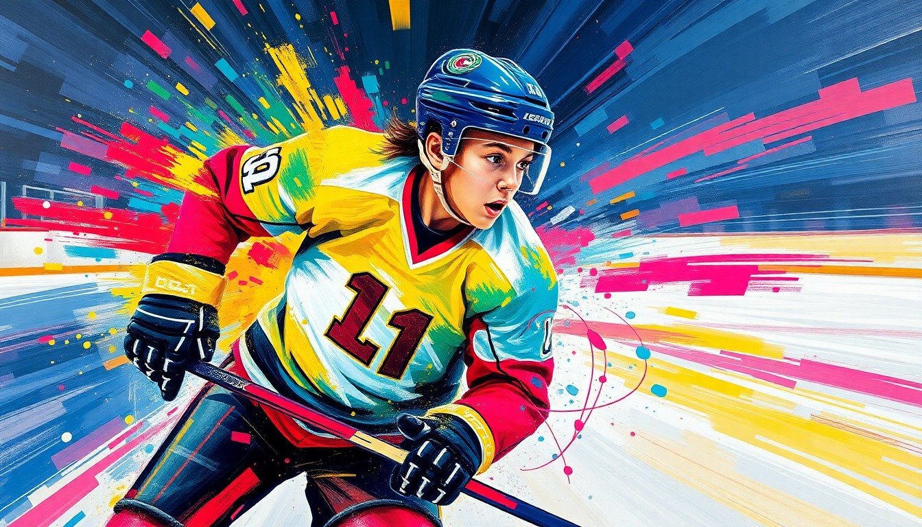 An abstract, expressionist painting in neon colors depicting the dynamic movements and energy of a young hockey player on the ice, their face and jersey number obscured by the bold brushstrokes.