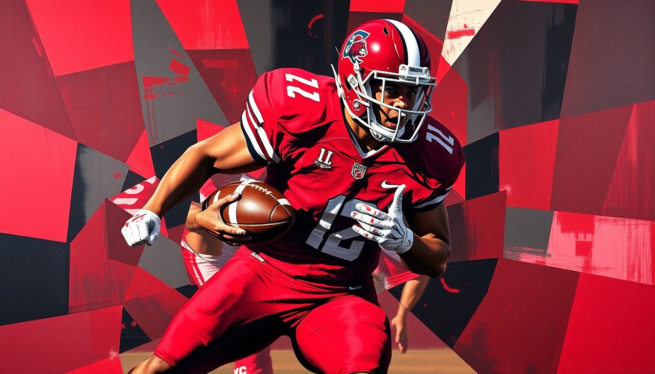 A fractured, cubist-style painting depicting a South Carolina football player in action, with sharp geometric planes in the team's colors of garnet and black, capturing the raw energy and movement of the sport.