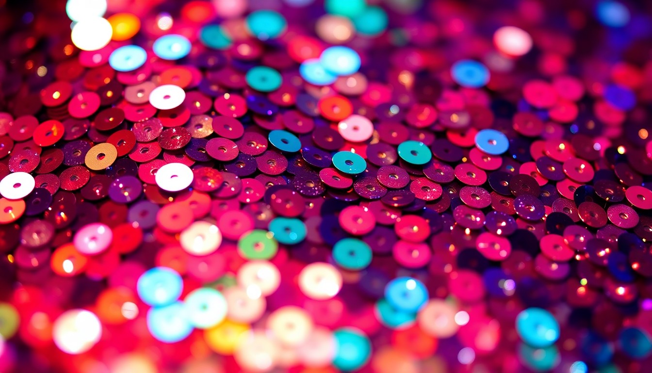 An extreme close-up photograph of shimmering, high-contrast sequins in a vibrant, jewel-toned palette, capturing the glamour and drama associated with daytime television.