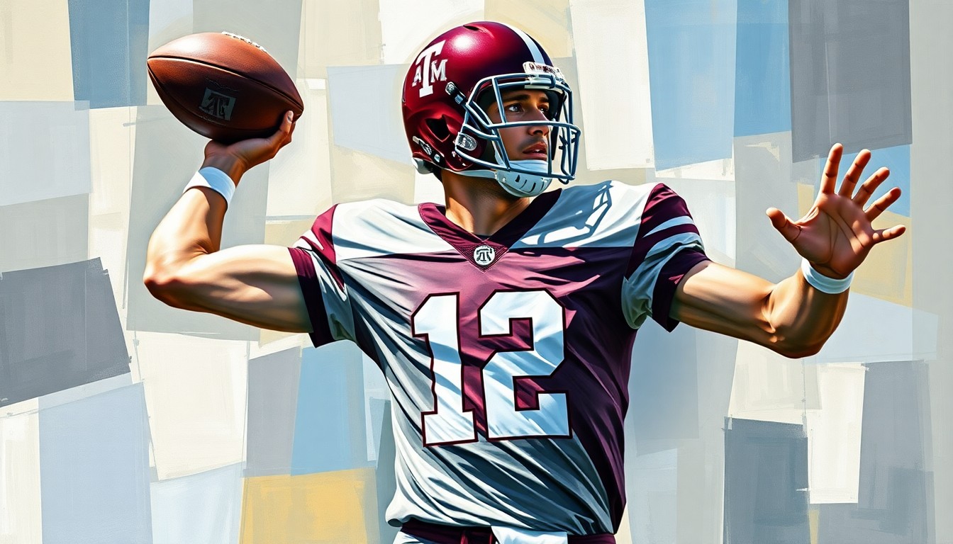 A cubist, geometric painting depicting a college football quarterback in mid-throw, with sharp, overlapping planes of color and form representing the dynamic motion of the play.